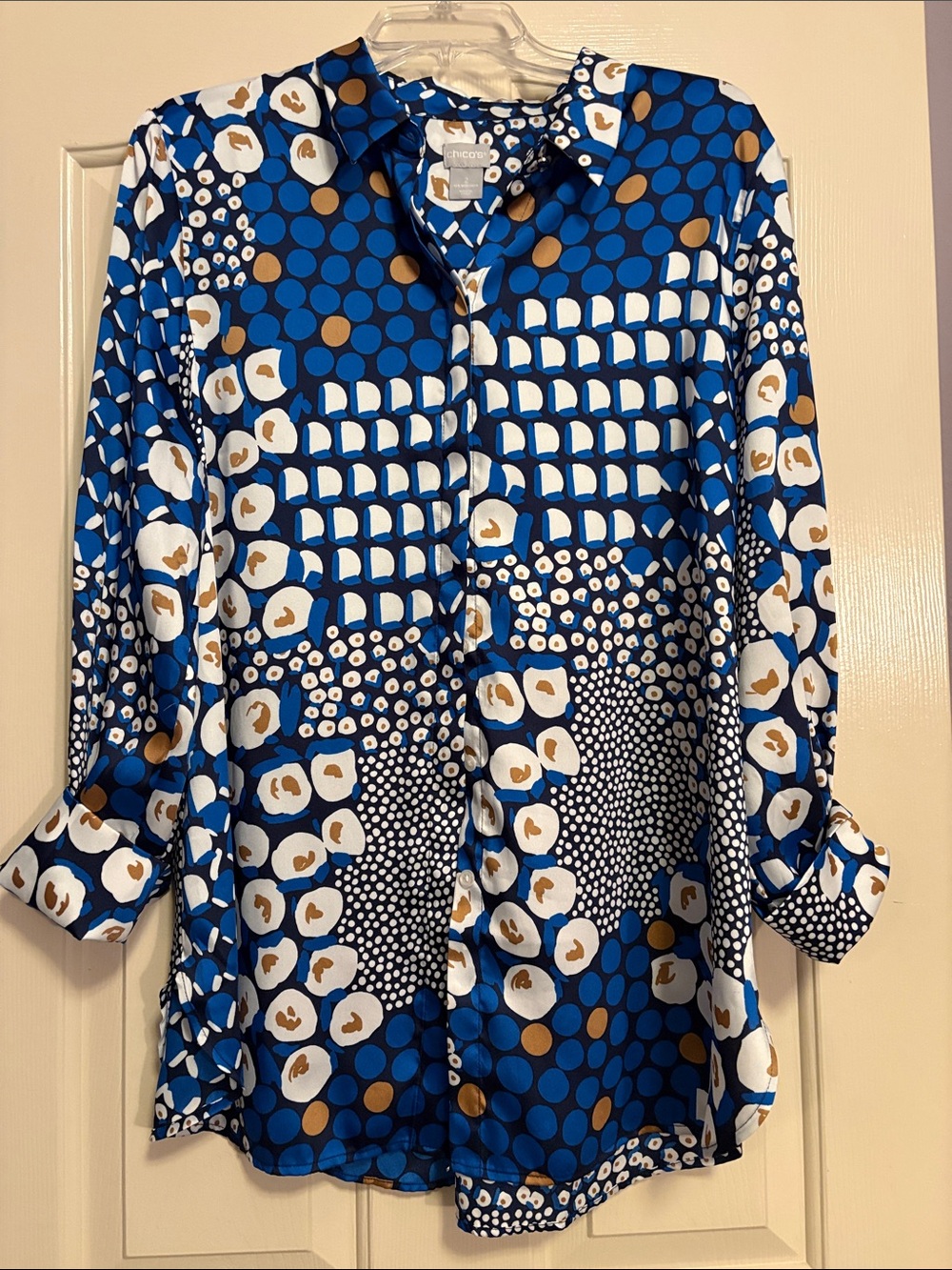 Chico's Blue White Brown Mixed Dot & Grid Button-Down Shirt